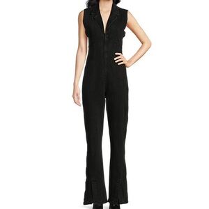 Free People CRVY Ring The Alarm Denim V-Neck Sleeveless Zip Front Flare Jumpsuit